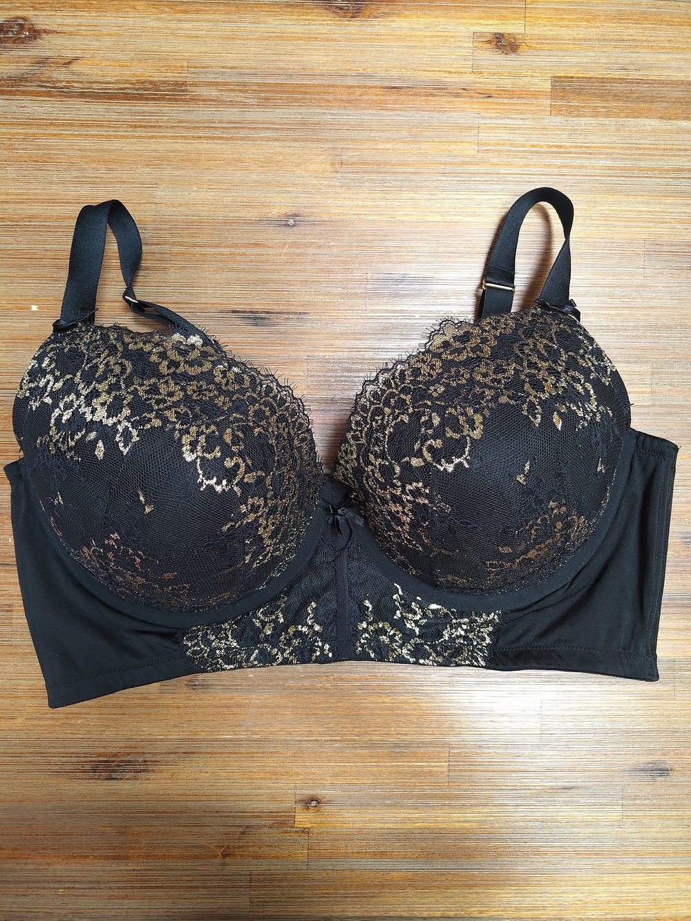 Cacique Boost Plunge Balconette Bra 42DDD Black Gold Lace Overlay